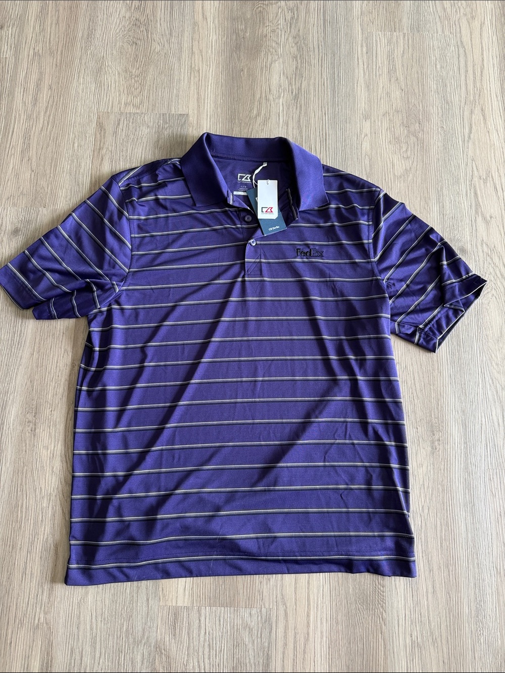 FedEx Men’s Purple Polo with Thin Gray Stripes NWT Size Large